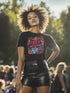 Black activist T-shirt with a floral embroidered-style design and the words “Obey Nothing” in bold, bright lettering.